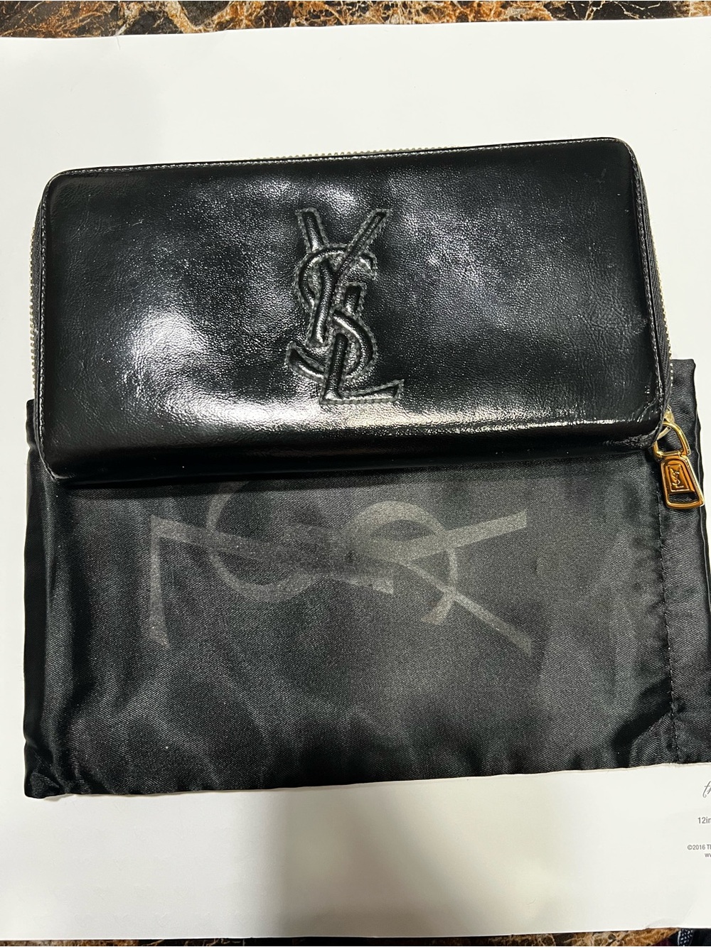 YSL Black Patent Leather Zip-Around Wallet with dust bag.